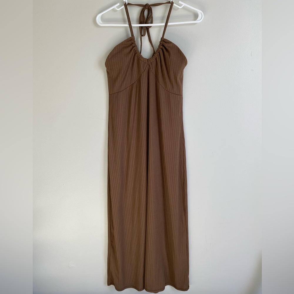 Brown Ribbed Maxi Dress Halter Tie Neck Ruched Top
